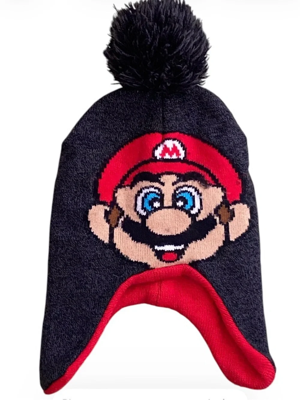 Super Mario Knit Beanie Hat Pom Pom Ear Flap Nintendo Gray Red Boys One Size